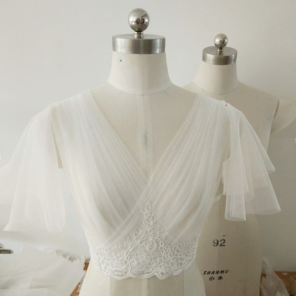 

v-neck wedding dress with lace vest plus size good quality wedding dress jacket across tulle decoration short sleeve bridal cape, White