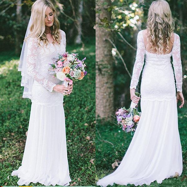 

2020 elegant scoop lace mermaid wedding dress long sleeve backless long country wedding dresses vestido de novia, White