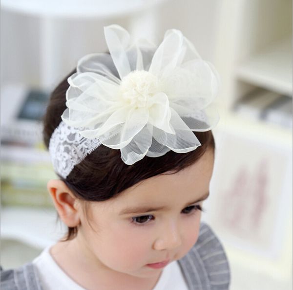 

baby lace flower hair band 2 color silkrope knitted elastic headband head bands, Slivery;white