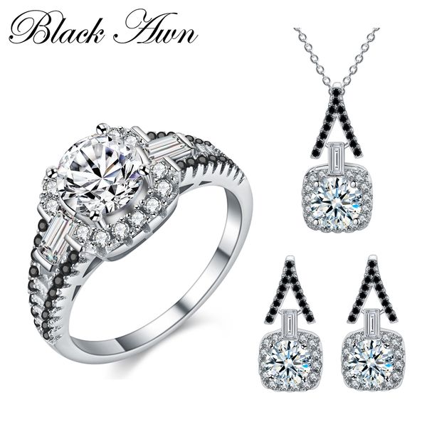 

black awn] 925 sterling silver fine jewelry sets trendy engagement sets ring+earring+necklace for women ptr150