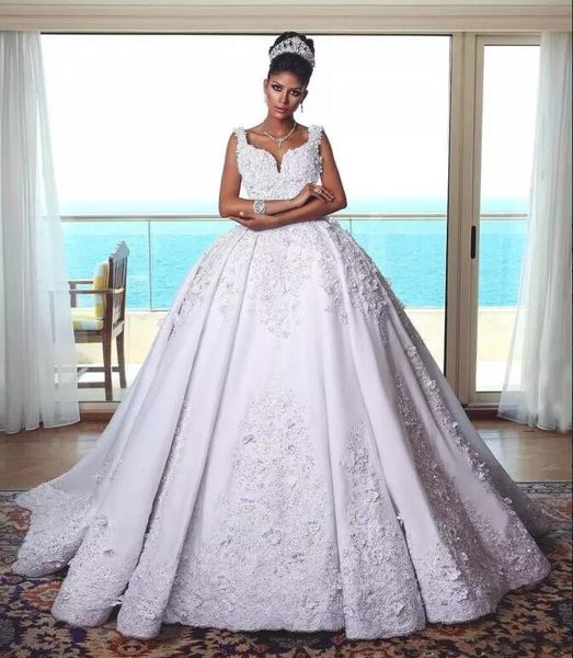 

luxury lace ball gown wedding dresses lace 3d appliqued sequins country wedding dress long train saudi arabic puffy bridal gowns, White