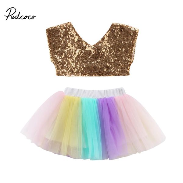 

2018 brand new toddler infant rainbow kids baby girl princess sleeveless sequin vest rainbow skirt 2pcs outfit clothes 1-6t, White