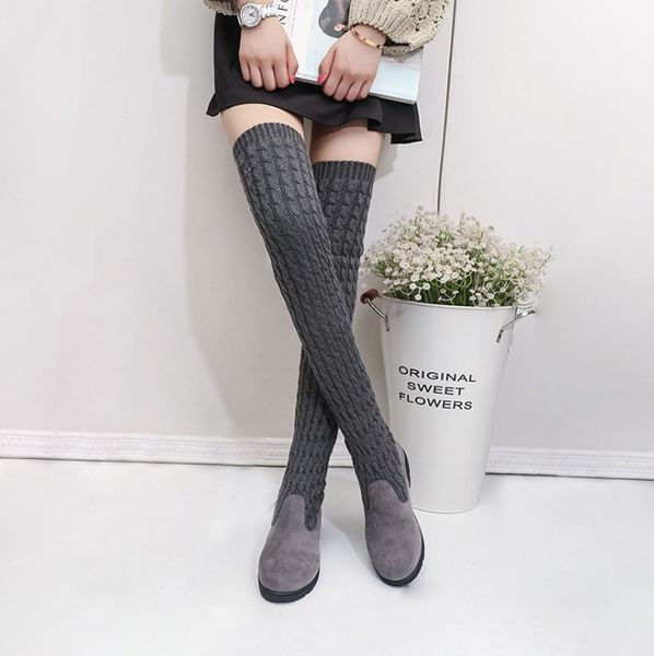 

2018 autumn winter new women knee boots knitting wool flat bottom pass the knee elastic force martin boots fashion casual shoes a186, Black