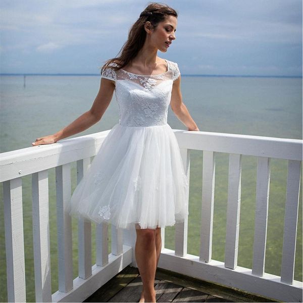 

2019 fashion beach wedding dresses short ball gown cute lace applique tulle skirt short sleeve bridal dress for bride wedding gowns, White