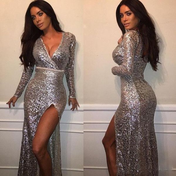 

Bling Bling Sparkly Sequins Evening Dresses High Slit Long Sleeve V-neck Cheap Prom Dress Mermaid Robe de soiree