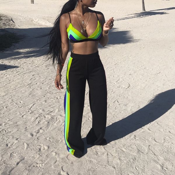 

Regular Side Striped Tracksuit Women 2 Pieces Set Outwear Casual Tracksuit Sleeveless Tank Top +Wide Leg Pants Women 'S Sets Female