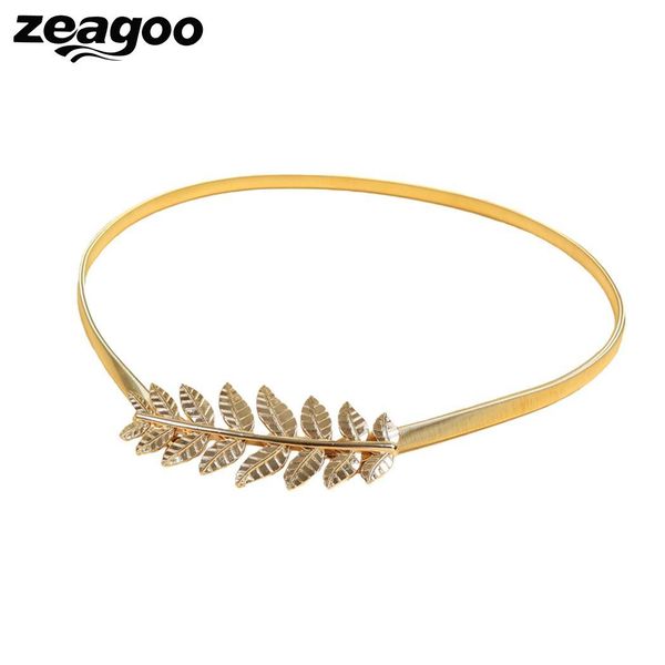 

zeagoo gold ladies fashion unique leaves design metal elastic waist stretch skinny belt cummerbunds metal wedding female belts, Black;brown