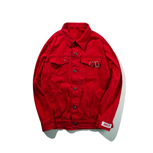 Mens Red Jean Jacket Patchwork Ripped Men Women Denim Jackets Gothic Printed Distressed Destoryed Jeans Hip Hop Coat Green And Black