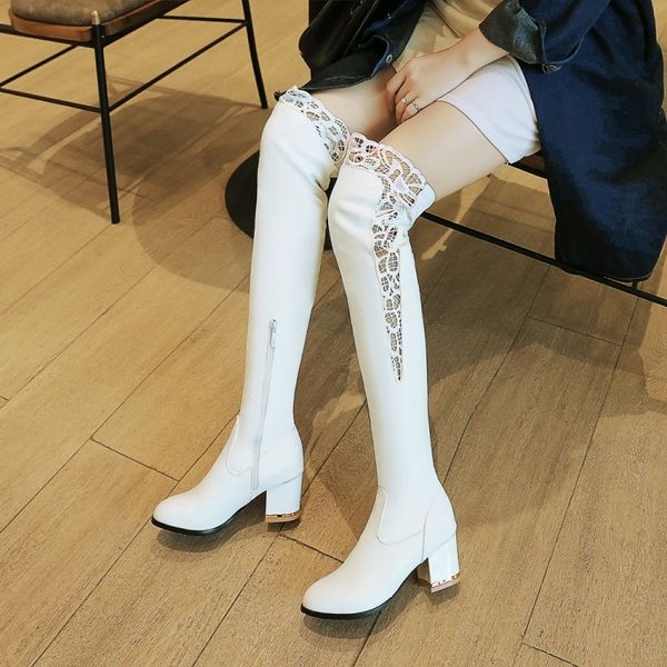 

black/white women boots 2018 fashion new personality lace decorative pu boots thick heel over the knee women's