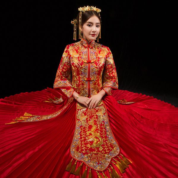 

satin embroidered cheongsam vintage chinese rhinestone qipao dress vestido tradicional oriental dresses chinois wedding dress, Red