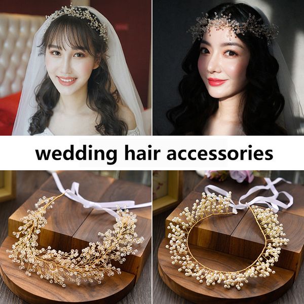 

wedding hair accessories bridal headpiece women gold crystal headband head pearl jewelry wholesale chinese hair accessories comb, Golden;white