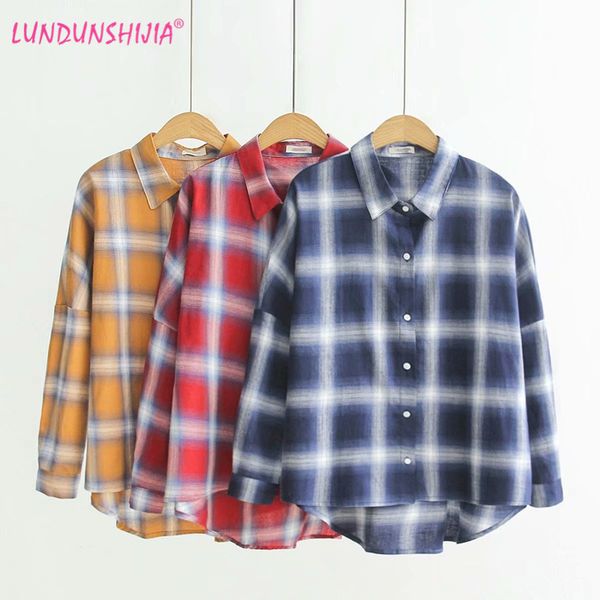 

lundunshijia women plaid bouse 2018 autumn new casual loose women shirt long sleeve turn-down collar ladies shirt, White