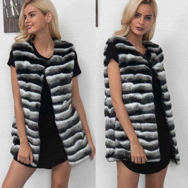 

t0769 europe and america popular female autumn waistcoat inter women clothes stripes vest long imitation fur jacket, Black;white