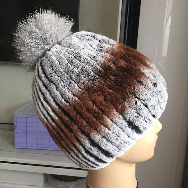 

rex fur fur ball cap autumn and winter ladies knitted elastic cap, Blue;gray