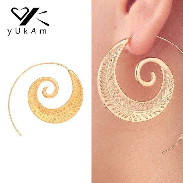 

yukam new punk big exaggerated spiral earrings boho circle creole hoop earrings gold swirl leaves for women ear jewelry, Golden;silver