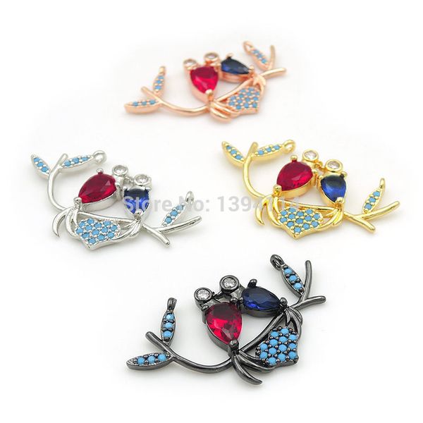 

32*18*3mm micro pave kallaite&red&blue cz lovebirds charm of double rings fit for making necklaces jewelry, Bronze;silver