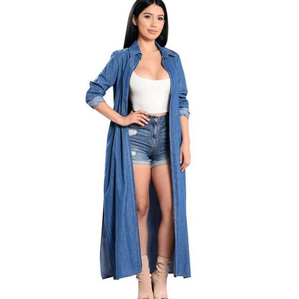

2018 long sleeve denim cardigan women maxi long shirt summer kimono fashion loose blouses dw196, White