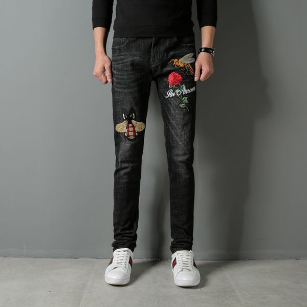 

2018 fashion high street men's jeans black color slim fit hip hop jeans stretch chinese style embroidery biker men pants, Blue