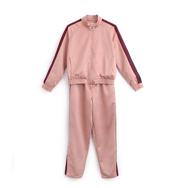 

autumn women 2 two piece sets casual outfits pink tracksuits striped short jacket +elastic pants slit leg zipper suits turtleneck, Gray