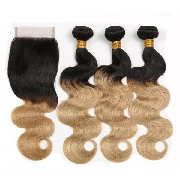 2019 Honey Blonde Hair Ombre Weaves With Lace Closure Brazilian