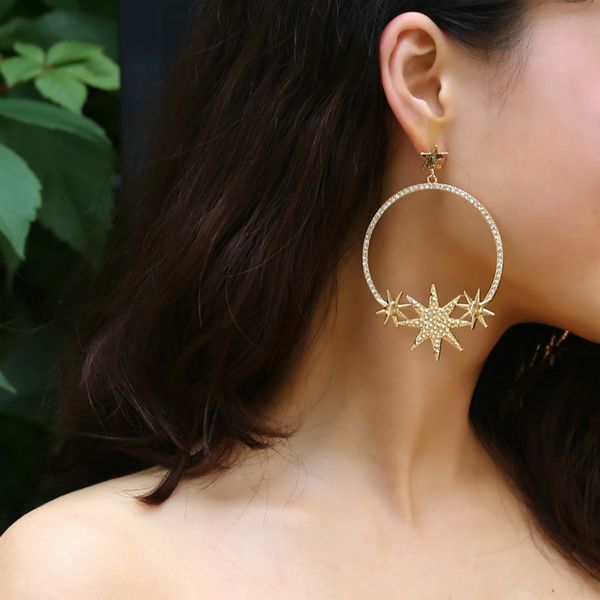 

anise simple geometric auger stars long drop earring hollow rhinestone big round circle dangle earrings women fashion brinco, Silver