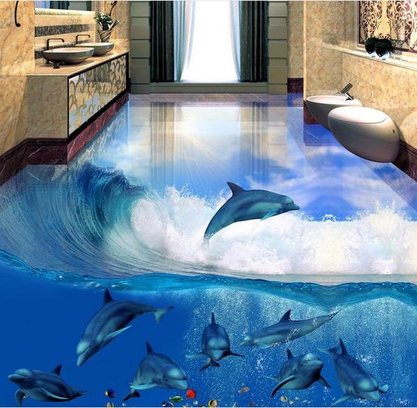 

beautiful dolphin underwater world 3d stereo bathroom floor wallpaper for bedroom