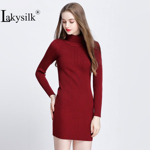 

lakysilk] твердые женщины водолазка платье с длинным рукавом тонкий красный свитер длинный вязаный женский офис леди пуловер женская одежда, White;black