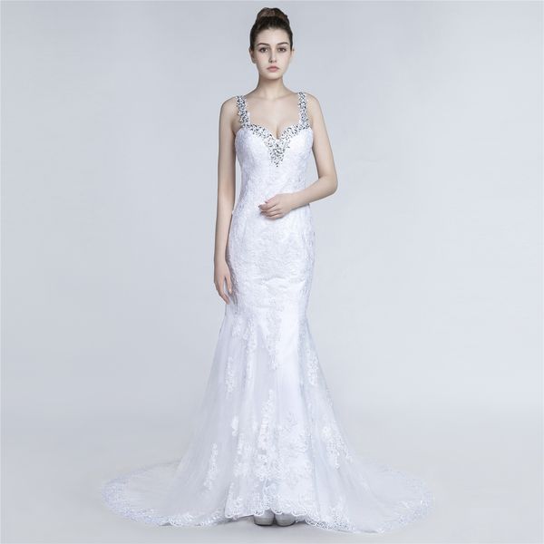 

white mermaid wedding dress european style spaghetti shining sequins beads along the strap backless lace beach wedding dresses