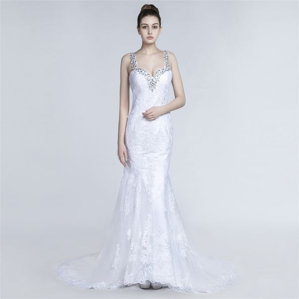 Sexy bianco sirena abito da sposa stile europeo spaghetti brillante paillettes perline lungo la cinghia backless pizzo spiaggia abiti da sposa