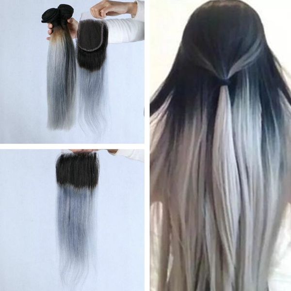 Acheter 1b Gris Couleur Ruban Gris Ombre Cheveux Weave Droite Ruban De Cheveux Humains Gris Dentelle Fermeture Avec Trois Partie Libre De 3458 Du