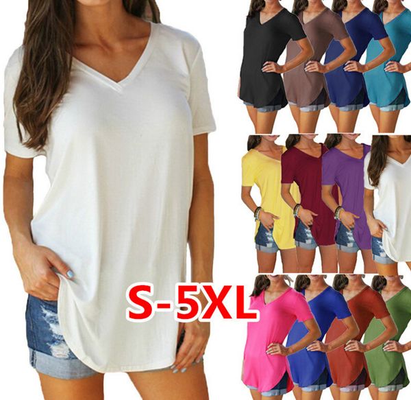 

2019 wholesale women summer tshirts candy colors casual tees v-neck plus size clothing solid color, White