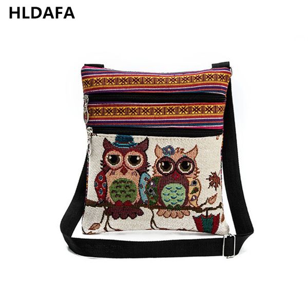 

2018 double zipper female mini flap shoulder handbags girls cartoon owl printed canvas bags women small shoulder messenger bags