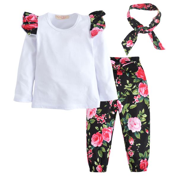 

3pcs/set baby girl clothes 2017 autumn newborn baby girl clothing set infant white t-shirt+floral pants+headband toddler outfits