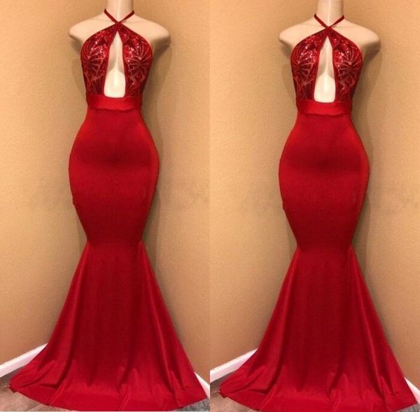 

african red sequined prom dresses mermaid halter keyhole neck backless evening party gowns pageant celebrity wears, Black