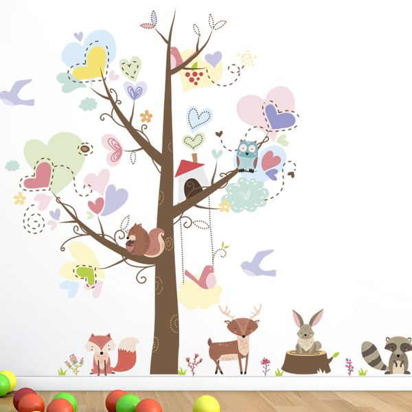 Acheter Arbre Coloré Avec Amour Coeur Forme Feuilles Animaux De Dessin Animé Hiboux Renard écureuil Stickers Muraux Chambre Denfant Pépinière Décor
