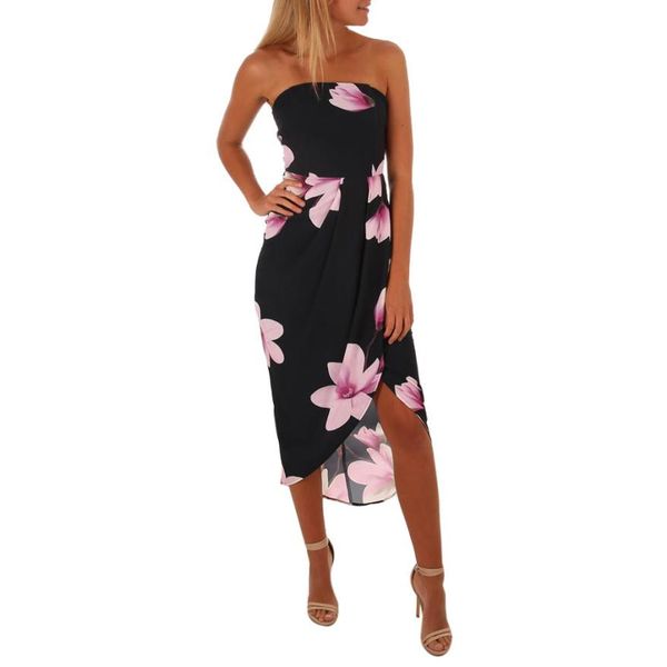 

boho floral dress women split the fork curved hem strapless back bow dresses lady summer beach sundrss #bf, Black;gray