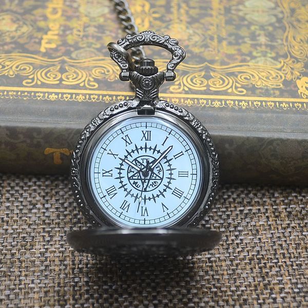 

fashion kuroshitsuji black butler quartz pocket watch pendant necklace women analog men fob watches gift retro roman 2017 new, Slivery;golden
