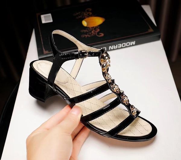 

original box] new arrival women sandals camellia pearl high heel chunky summer wedding real leather shoes sandals size 35-40, Black