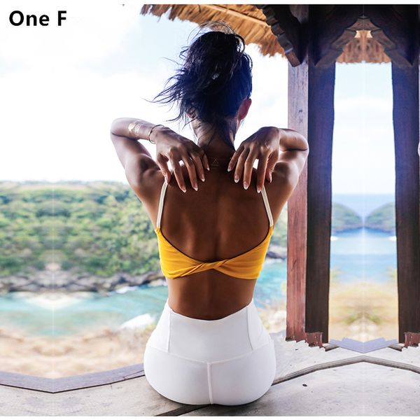 

one f openback fitness crop for women strap sports t-shirt gym clothing with removable pad yellow quick dry yoga bra, White;red