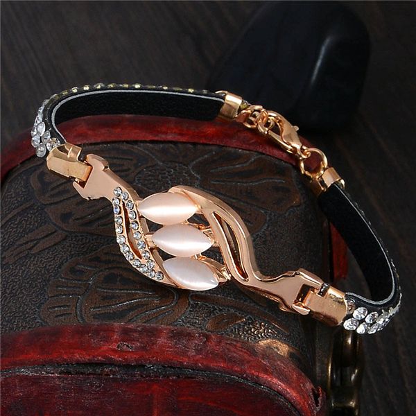 

atreus 2017 new promotion 16 styles unusual opal crystal design 1pc gold color woman alluring wrap leather bracelet for women, Black