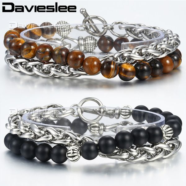 

davieslee natural tiger eye stone womens mens beaded bracelets wheat link double layered brown matte black glass 8mm dbm13