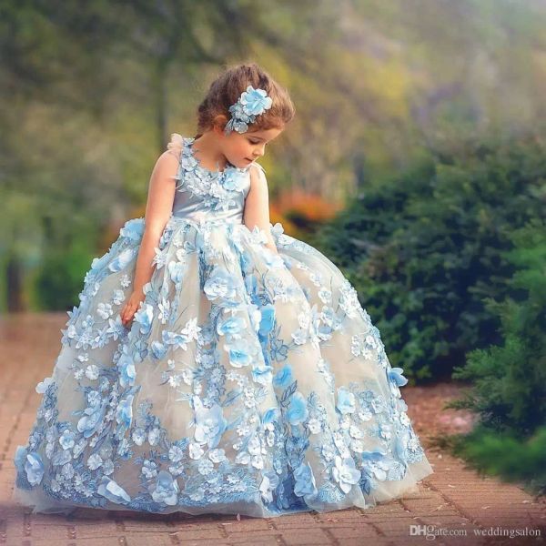 Heißer Verkauf rückenfreie Perlen-Blumen-Mädchen-Kleider für Hochzeit 3D-applizierte Kleinkind-Festzug-Kleider bodenlangen Tüll-Ballkleid-Kind-Abschlussball-Kleid