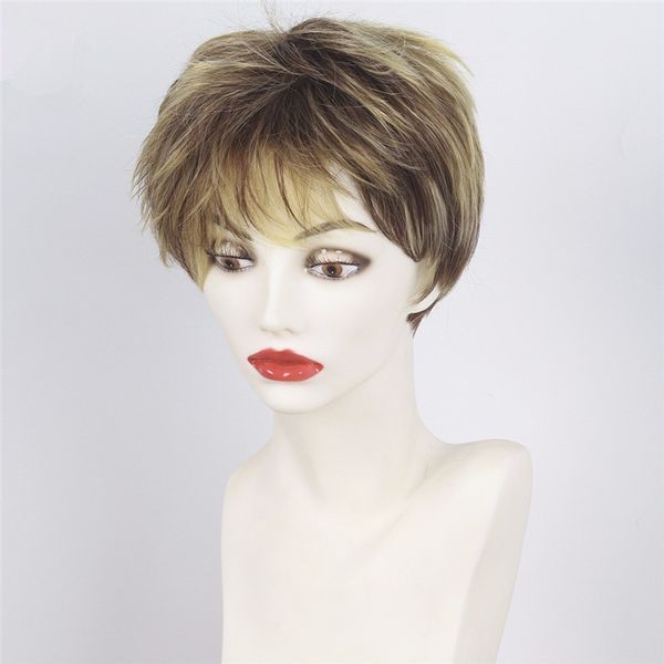 Grosshandel Kurze Pixie Cut Damenperucke Braun Gemischt Golden Blonde Highlights Synthetischer Haarschnitt Mit Ponyperucke Fur Mutter Von Nicestore666