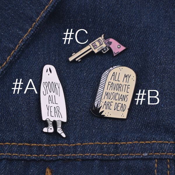 

personality cute pink gun brooch pistol badge ghost skull spooky all year round tombstone epitaph pin musician jewelry, Gray