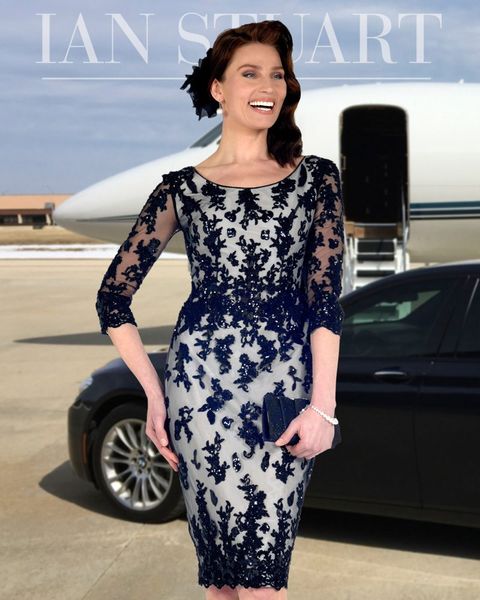 

elegant navy sheath lace mother of the bride dresses beaded bateau neck with half sleeves wedding guest dress knee length evening gowns, Black;red