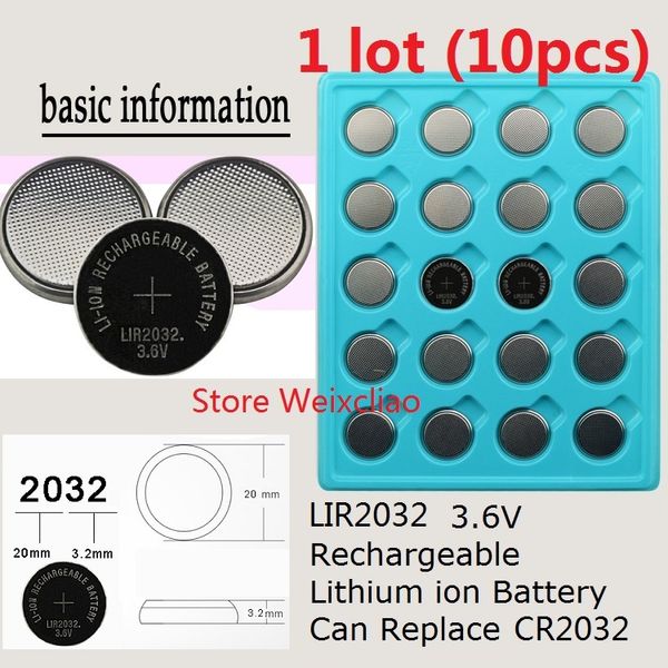 10 pcs 1 lote LIR2032 3.6 V íon de Lítio ion recarregável bateria de botão 2032 3.6 volts li-ion moeda baterias substituir CR2032 Frete Grátis