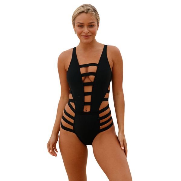 

s-xl new v neck hollow out swimwear brand lady pure color high elastic swimsuit women one piece swimwear swimsuit, White;black
