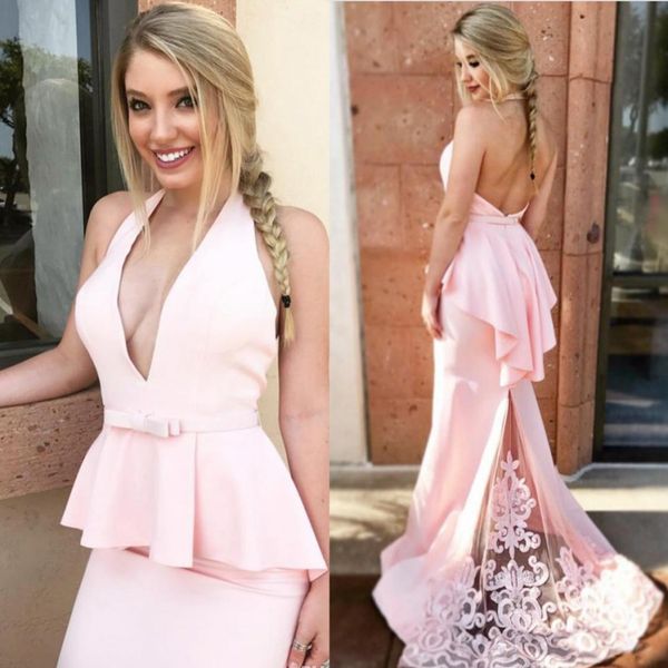 

pearls pink halter bridesmaid dresses for wedding mermaid backless maid of honor gowns with peplum lace sweep train prom evening party dress, White;pink
