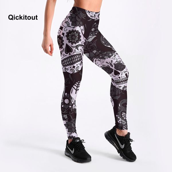 

qickitout leggings fitness slim women's black&white skull mas legging fashion stretch digital print pants cool trousers