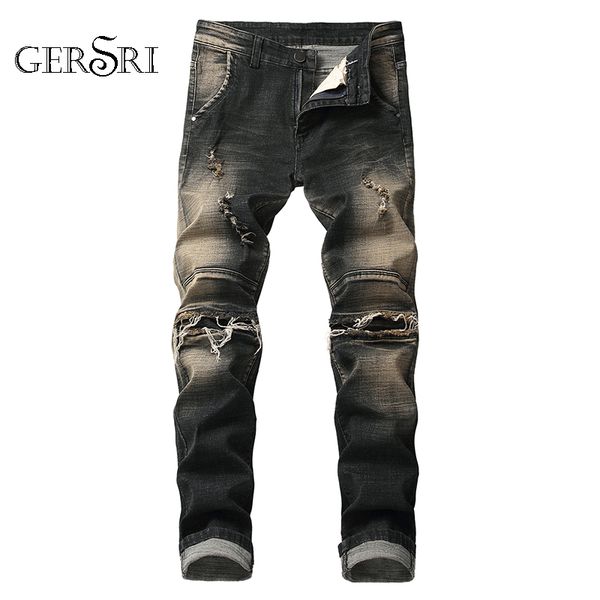 

gersri new men brand clothing casual stretch keen patch with wrinkle hole skinny slim biker jeans denim ripped pants trouser, Blue